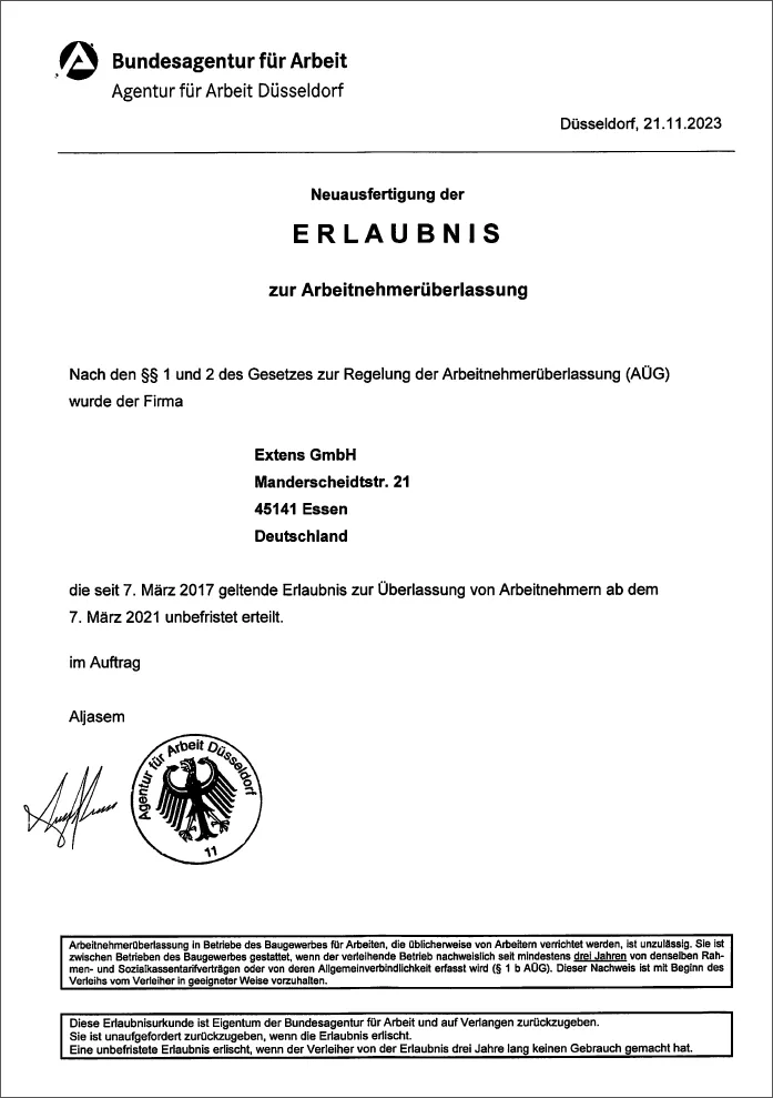 Extens GmbH - Personaldienstleistungen - Erlaubnis zur Arbeitnehmerüberlassung Zertifikat