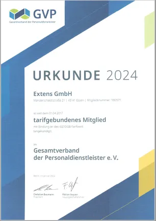 Extens GmbH - Personaldienstleistungen - Zertifikat